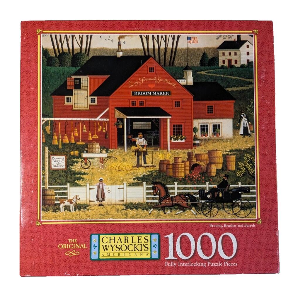 1999 MB Charles Wysocki BROOMS, BRUSHES & BARR 1000 piece Jigsaw Puzzle COMPLETE